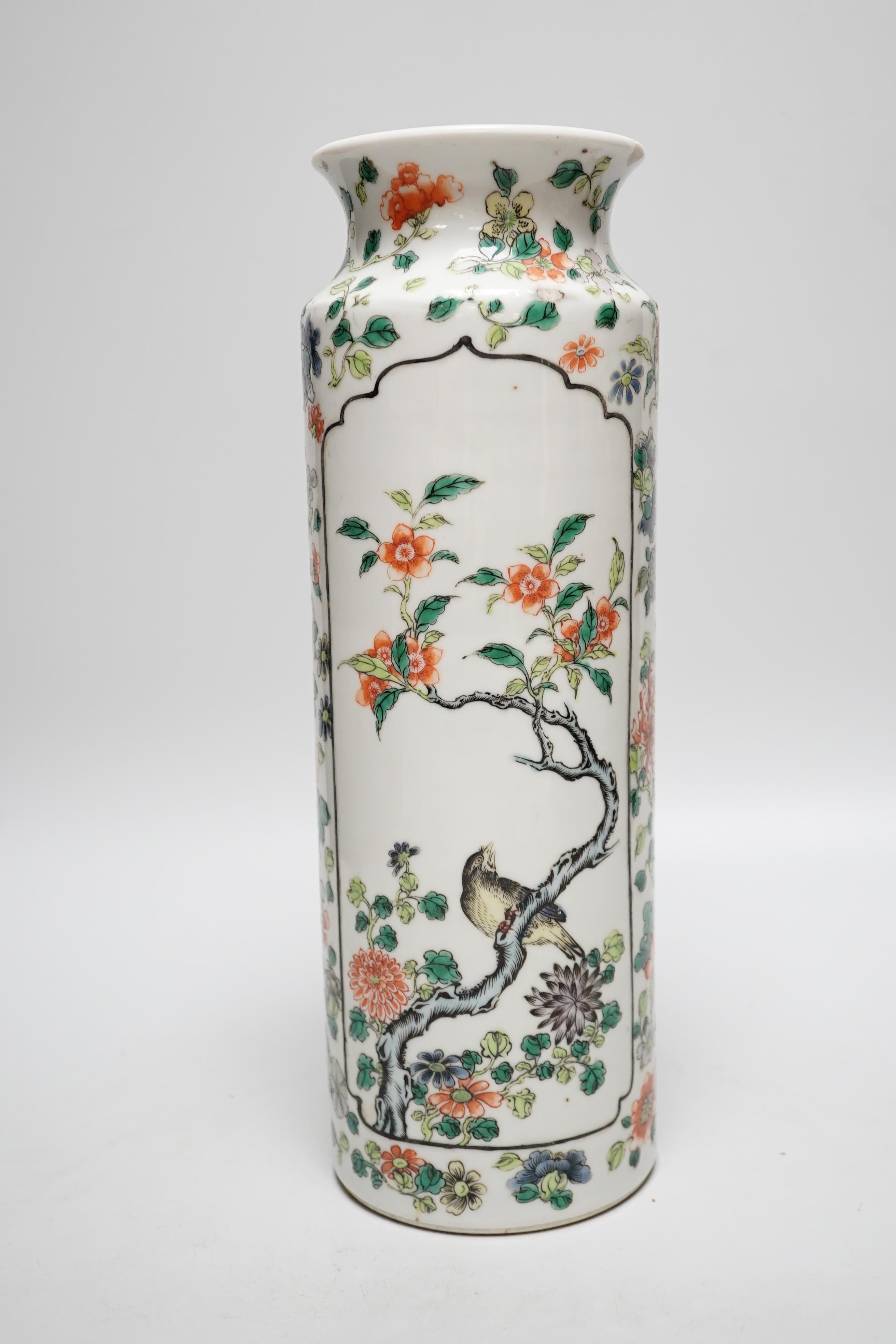 Early 20th century Chinese sleeve vase hand painted in the famille verte palette with birds and flowers, 30cm high